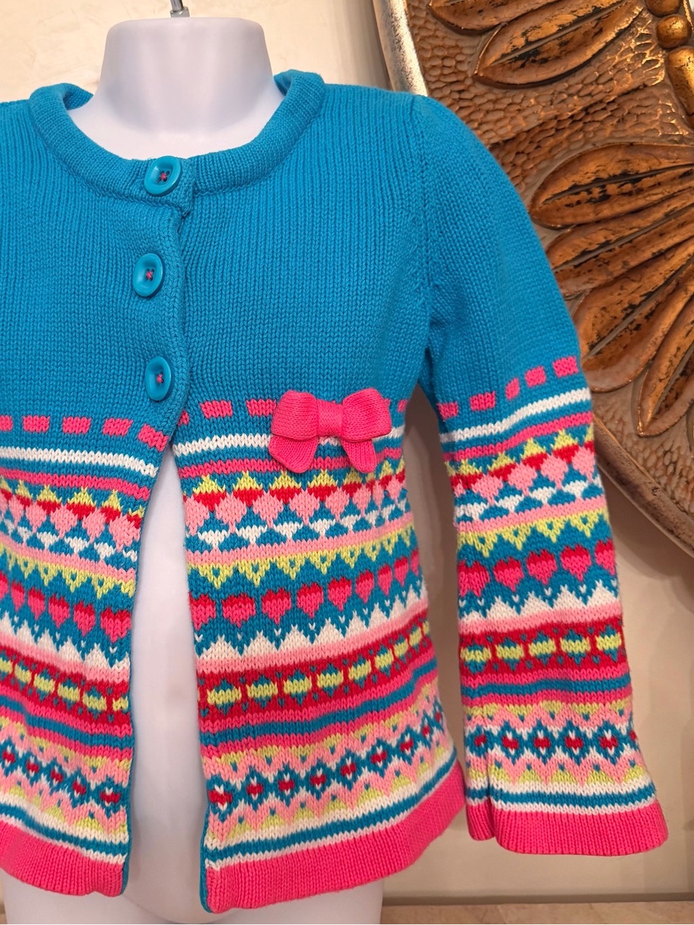 Girls' Turquoise Knit Cardigan with Multicolor Fair Isle Pattern